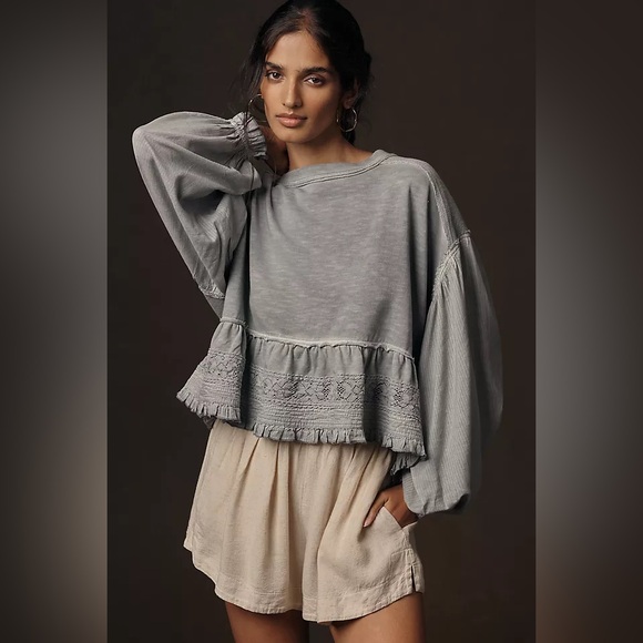 Pilcro Tops - Pilcro Cropped Babydoll Blue/Gray Ruffle Sweatshirt